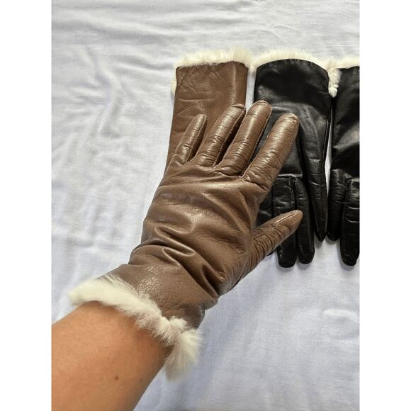 Faux Leather Fur Lined Glove Set of Two, Black/ Brown, Size Small, Women's - Picture 3 of 5